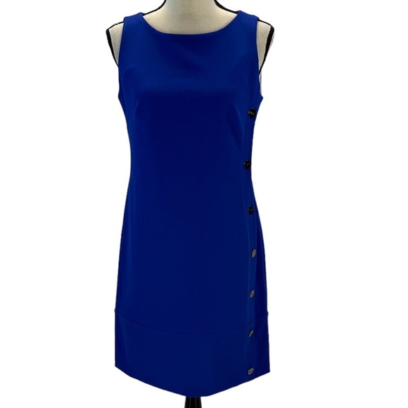 DKNY Sleeveless Round Neck Decorative Side Button Mini Dress - Blue - size 6 - Picture 1 of 10